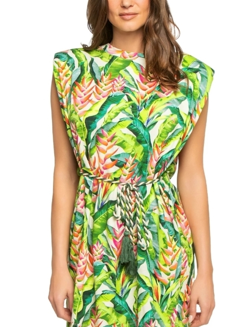 FARM Rio Tropical Leaf & Heliconia Print Mini Dress in Green, Pink, Orange - Picture 2 of 4
